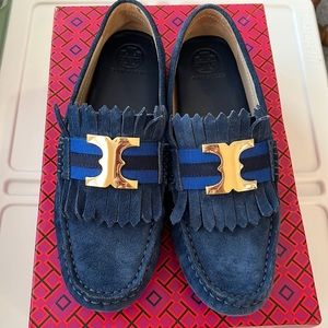 Tory Burch Navy Suede Gemini Driving Loafers